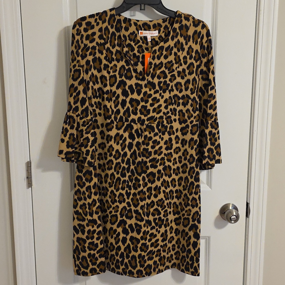 NWT Jude Connally Kerry Leopard Dress Bell Sleeves Brown Black Pockets L Large
